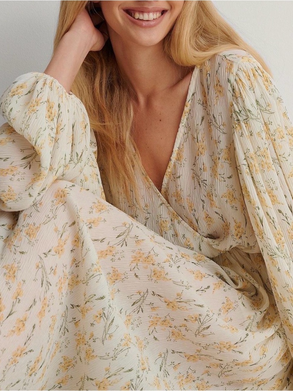 NA-KD Floral Wrap Maxi Dress in Cream and Mustard - Picture 3 of 8
